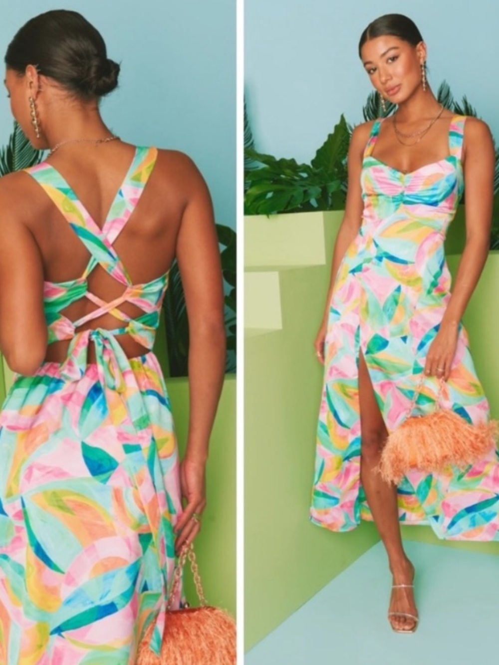 Show Me Your MuMu Dress Mina Midi in Tropicana Burst Luxe Satin